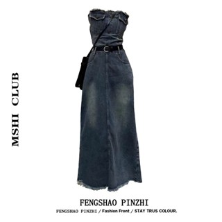 Retro Elegant Denim Dress Womens Spring and Summer New Korean-style Design Sense Slim-fit Slimming Pure Strapless Long Dress