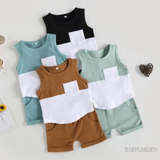 Babygarden-0-24 เดือน ชุดเสื้อผ้าเด็กผู้ชาย เสื้อกล้ามเย็บปะติดปะต่อกัน + กางเกงขาสั้น เอวยางยืด ฤดูร้อน