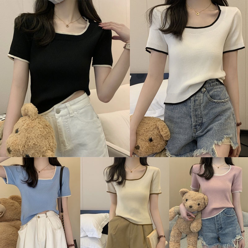 Dahong เสื้อครอปแขนสั้นคอเว้า 5 สี ทรงพอดีตัว ใส่สบาย 29028