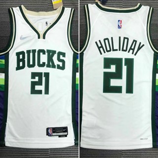 เสื้อกีฬาบาสเก็ตบอล NBA Milwaukee Bucks สําหรับผู้ชาย #21 Jrue Holiday ครบรอบ 75 ปี ประดับเพชร สีขาว สไตล์ย้อนยุค 130266