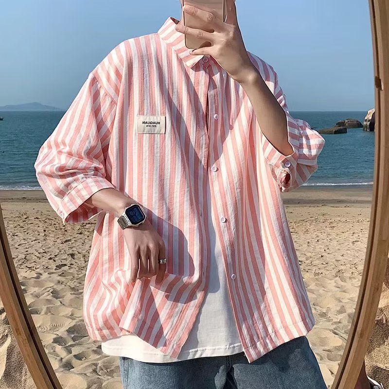 สไตล์แฟนออกแบบ Niche สีชมพูลายชายเสื้อ M--3XL cityboy ฝรั่งเศส High-End เสื้อ Outerwear อินเทรนด์สบายๆหลวม All-Match เสื้อ