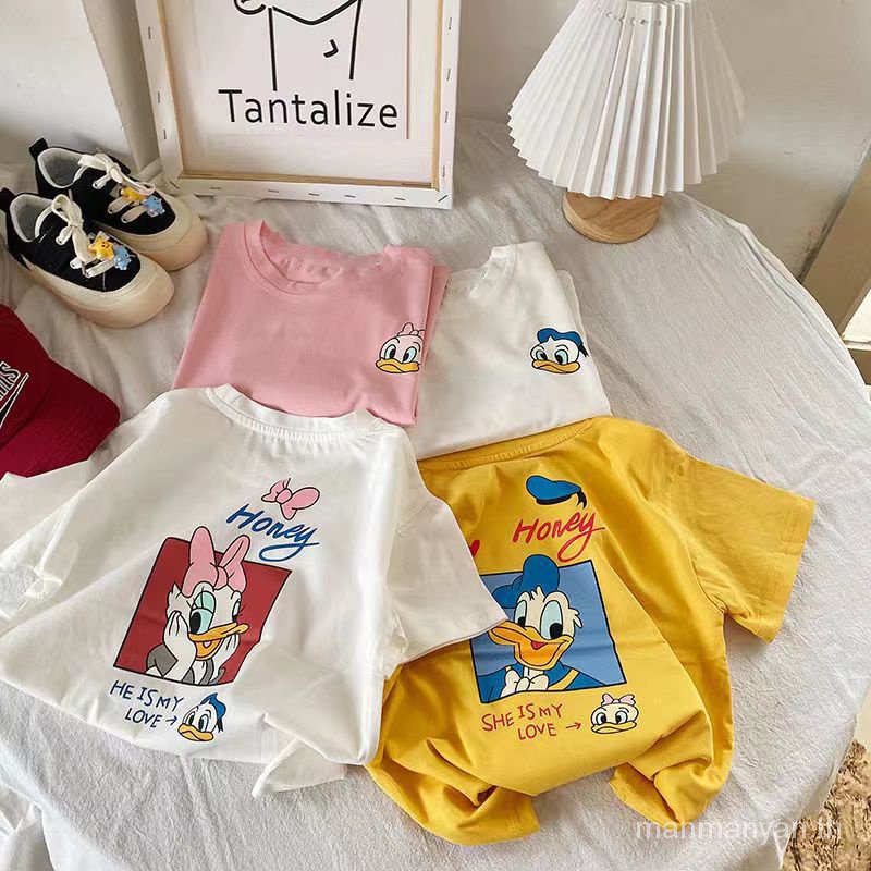 เสื้อยืดแขนสั้น คอกลม ผ้าฝ้ายแท้ พิมพ์ลายการ์ตูนเป็ดโดนัลด์ ทรงหลวม แฟชั่นฤดูร้อน สําหรับเด็กผู้ชาย และเด็กผู้หญิง