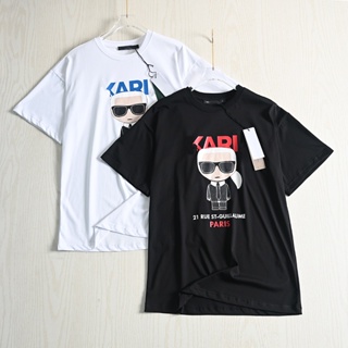 Karl Lagerfeld เสื้อยืดลําลอง ผ้าฝ้าย แขนสั้น คอกลม พิมพ์ลายการ์ตูนตัวอักษร สําหรับผู้ชาย และผู้หญิง