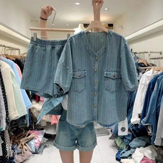 Hong Kong-style Western-style 2023 Summer New Casual All-match Loose Denim Shirt Flesh-covered Slimming Shorts Two-piece Set for Women