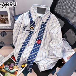 ASRV เสื้อเชิ้ตผู้ชายย้อนยุคออกแบบเฉพาะผูกลายชายและหญิงหลวม preppy เสื้อแจ็คเก็ตแขนยาว