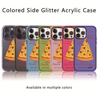 Casetify X Eat A Huge Pizza Side Glitter Green Purple Blue RosePink Clear Sideband Font Casing Apple IPhone 12 13 14 Pro Max Impact Hard อะคริลิคใสด้านหลัง TPU เคสพร้อมกล่อง