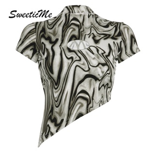 Sweeticme ใหม่ เสื้อยืดลําลอง แขนสั้น เข้ารูป พิมพ์ลายตัวอักษร ฉลุลาย เซ็กซี่ แฟชั่นสําหรับสตรี 2023