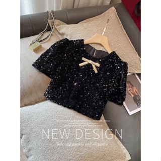 Spring 2023 new small bubble sleeves round collar black sequined top girl