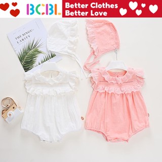 Bcbl ชุดจั๊มสูท รอมเปอร์ แขนกุด ลูกไม้ พร้อมหมวก สีชมพู สีขาว สําหรับเด็กผู้หญิง