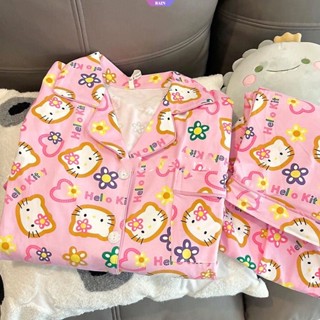 Kawaii Sanrio ชุดนอน เสื้อแขนยาว กางเกงขายาว ทรงหลวม ลายการ์ตูน Hello Kitty My Melody น่ารัก สําหรับเด็กผู้หญิง [RAIN]