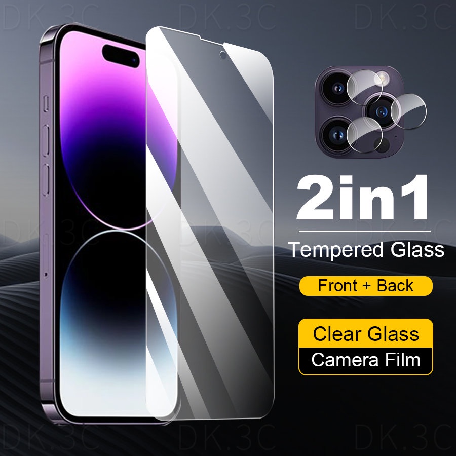 2 in 1 กระจกนิรภัย + ฟิล์มกันรอยเลนส์กล้อง สําหรับ iPhone 14 15 13 12 11 Pro Max Mini / 14 15 Plus ป้องกันหน้าจอ