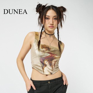 Dunea เสื้อครอปท็อป พิมพ์ลายนามธรรม สไตล์เรโทร สําหรับผู้หญิง