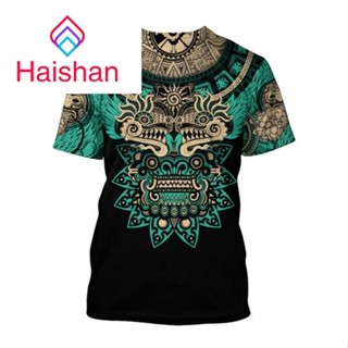 haishan เสื้อยืดลําลอง แขนสั้น คอกลม พิมพ์ลาย Mexican Aztec Quetzon 3 มิติ ทรงหลวม สไตล์ฮาราจูกุ แนวสตรีท แนวเรโทร แฟชั่นฤดูร้อน สําหรับผู้ชาย