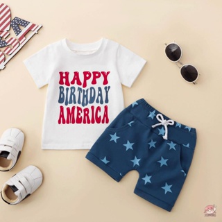 Jop-4th of July ชุดเสื้อยืด คอกลม แขนสั้น พิมพ์ลายตัวอักษร ดาว กางเกงขาสั้น สําหรับเด็กผู้ชาย 2 ชิ้น