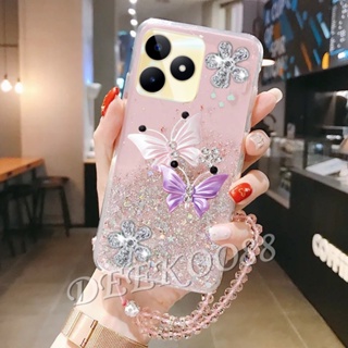 เคสโทรศัพท์มือถือ ลายผีเสื้อบิน ประดับกลิตเตอร์ พร้อมสายคล้องมือ สําหรับ Realme C53 C55 NFC 10T 10 Pro+ Pro 5G Coca-Cola Edition 4G Plus RealmeC53