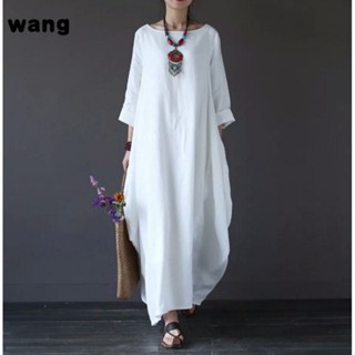 ชุดเดรสวินเทจยาวคอกลมแขนยาวสีทึบสําหรับผู้หญิง