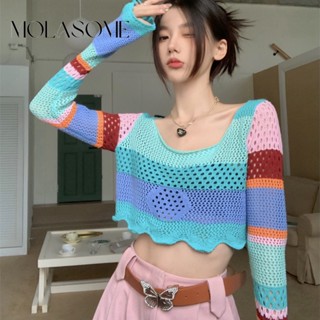 Molasome เสื้อยืดแขนยาว ผ้าถัก กันแดด สีตัดกัน สําหรับผู้หญิง 2023