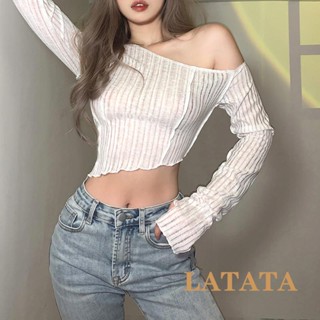 Latata เสื้อยืดลําลอง แขนยาว เปิดไหล่ โชว์สะดือ สีพื้น แฟชั่นสําหรับสตรี