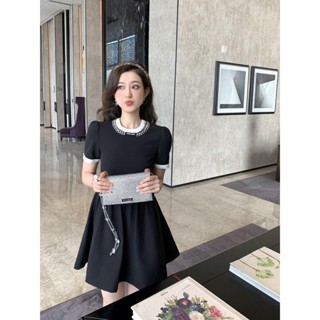 0ZnO MIU MIU 23 spring and summer new retro ballet style contrast color collar nail Diamond decorative high waist elegant dress