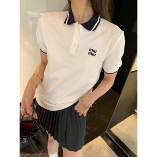 PMXV MIU MIU 2023 spring and summer New polo short-sleeved shirt letter embroidery decorative design casual fashion all-match T-shirt for women