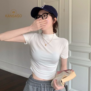 Kans เสื้อครอปท็อป คอเต่า แขนสั้น สีพื้น เซ็กซี่ แฟชั่นฤดูร้อน สําหรับผู้หญิง TH