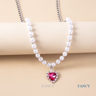 Fancy สร้อยคอโช้คเกอร์ ประดับลูกปัดไข่มุก คริสตัล สีแดง จี้หัวใจ สําหรับผู้หญิง