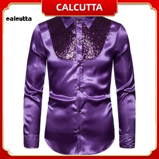 [calcutta] เสื้อเชิ้ตแขนยาว ประดับเลื่อม สีพื้น แวววาว สไตล์นักธุรกิจ สําหรับผู้ชาย