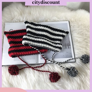 &lt;citydiscount&gt; หมวกบีนนี่ ผ้าถัก ลายทาง แต่งหูแมว ให้ความอบอุ่น สีตัดกัน แฟชั่นฤดูหนาว สําหรับผู้หญิง