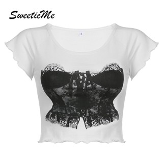 Sweeticme ใหม่ เสื้อยืดลําลอง แขนสั้น คอกลม เข้ารูป พิมพ์ลาย เซ็กซี่ แฟชั่นสําหรับสตรี 2023