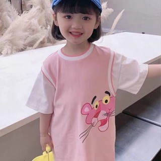 Girls T-shirt skirt splicing short sleeves cute Korean pink leopard print (90-140cm)