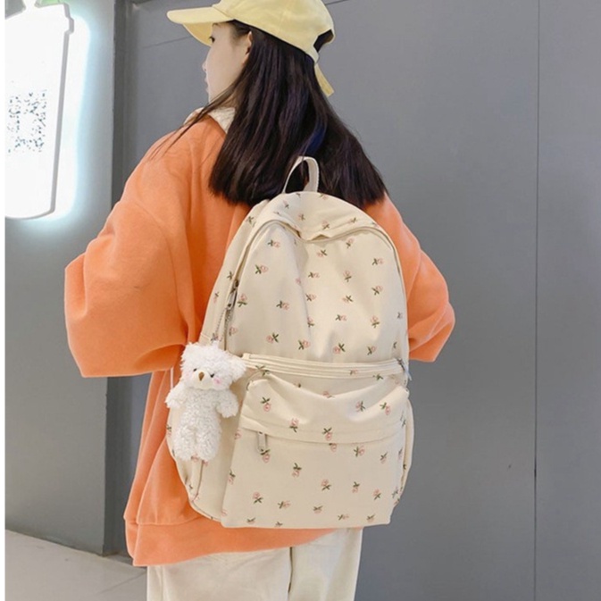 bangkoklist(BA1908) กระเป๋าเป้ไนล่อนลายดอกไม้ ใบใหญ่**มีของแถมที่ห้อยน้องหมี**