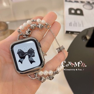 สายนาฬิกาข้อมือโลหะ ประดับไข่มุก หรูหรา สําหรับ iwatch serise 8 ultra 7 6 5 4 SE 3 2 1 49 มม. 45 มม. 41 มม. 40 มม. 44 มม. 42 มม. 38 มม.