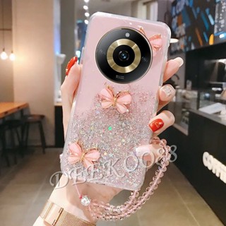 เคสโทรศัพท์มือถือเจลนิ่ม ลายผีเสื้อ 3D แต่งกลิตเตอร์ พร้อมสายคล้องมือ สําหรับ Realme 11 Pro+ Pro Plus 5G 4G 2023 Realme11Pro+