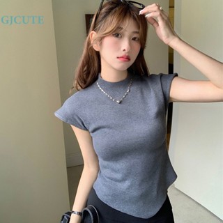 Gjcute เสื้อครอปท็อป คอเต่า แขนบิน ผ้าถัก สีพื้น ฤดูร้อน สําหรับผู้หญิง WTD