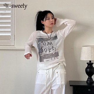 U-sweety เสื้อยืดลําลอง แขนยาว คอกลม ผ้าตาข่าย ทรงหลวม สําหรับสตรี 2023