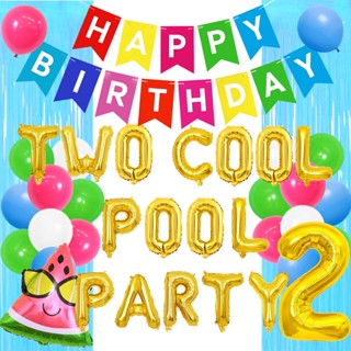 Two Cool Pool ลูกโป่งแบนเนอร์ 2nd 2nd สําหรับตกแต่งปาร์ตี้วันเกิด ชายหาด สระว่ายน้ํา 2 ปี