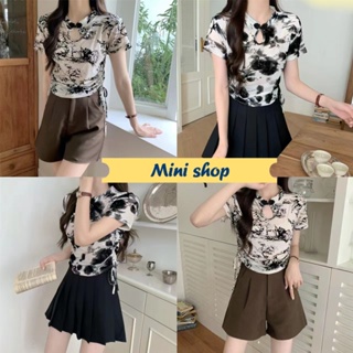 Mini shop🌸พร้อมส่ง🌸 (61615) เสื้อถักไหมพรม คอหมวย แขนสั้น  ซีทรูเบาบาง  -C