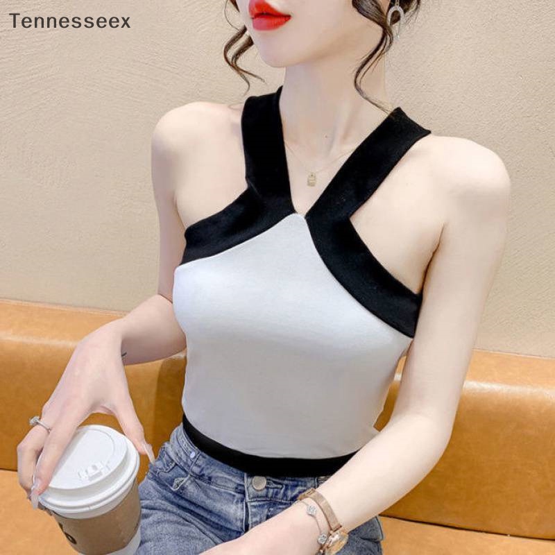 [TESN] เสื้อไหมพรมแฟชั่นแต่งคอไขว้ ผ้ายืด 4 สี สไตล์น่ารักเซ็กซี่ เสื้อสายเดี่ยว แขนกุด ผ้าถัก เซ็กซี่ สีตัดกัน เหมาะกับฤดูร้อน สําหรับผู้หญิง OOQ