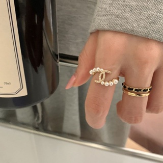 Korean pearl diamond double c ring female fragrance index finger ring minority design advanced sense fashion personality ins trend