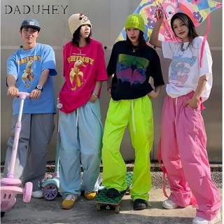 DaDuHey🎈 Dopamine Colorful Pants American Style Overalls Womens Summer Straight Wide Leg Casual Mopping Cargo Pants