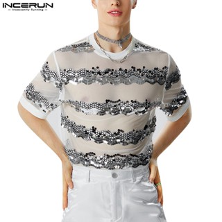 Incerun เสื้อยืดคอกลม แขนสั้น ผ้าเชียร์ ปักเลื่อม สีรุ้ง สไตล์วินเทจ สําหรับผู้ชาย