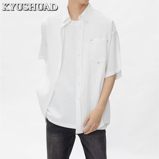 KYUSHUAD เสื้อเชิ้ตแขนสั้นสีทึบเรียบง่ายและเข้าได้ทุกวันสำหรับผู้ชาย, เสื้อเชิ้ตเทรนด์แฟชั่นสำหรับเยาวชน,