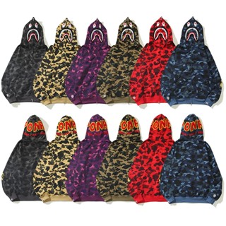 Bape Ponr Terry เสื้อกันหนาว มีฮู้ด ปักลายฉลาม มีซิป