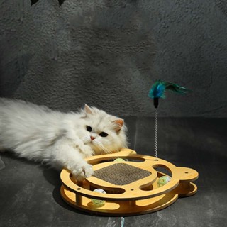 I Home Store Cat Turntable Toy Interactive Fun 3 in 1 Grinding Claws บรรเทาความเบื่อ Scratcher พร้อม Teaser Stick และ Balls