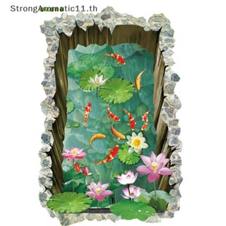 Strongaromatic สติกเกอร์ ลายบ่อปลา 3D สําหรับติดตกแต่งผนังบ้าน ห้องนอน ห้องนั่งเล่น ห้องน้ํา