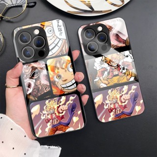 เคสโทรศัพท์มือถือกระจกนิรภัย แบบแข็ง ป้องกันเลนส์ ลายอนิเมะ One Piece Luffy 5 Gear สําหรับ iPhone 14 Pro Max 13 11 12 mini X XR XS 7 8 SE 2020