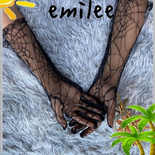 Emilee ถุงมือขับรถ ถุงมือกันแดด ถุงมือยาว แบบบาง ลายเว็บ แฟชั่นตาข่ายสีดํา ถุงมือลูกไม้ ป้องกันรังสียูวี พังก์โกธิค