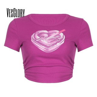 Vesglory เสื้อครอปท็อป คอกลม แขนสั้น พิมพ์ลาย สีพื้น เซ็กซี่ สําหรับผู้หญิง 2023