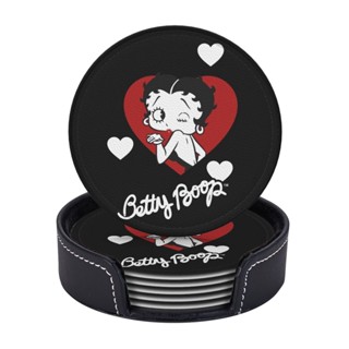 Betty Boop ที่รองแก้วหนัง ทรงกลม ป้องกันคราบน้ําร้อนลวก สําหรับร้านอาหาร ห้องครัว สํานักงาน และอื่น ๆ 6 ชิ้น