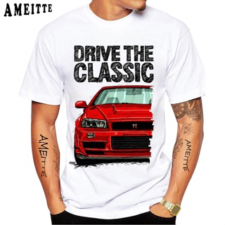 ไดรฟ์ The Classic Skyline R34. เสื้อยืดแขนสั้นลําลอง พิมพ์ลายรถยนต์ JDM สีขาว สไตล์ฮาราจูกุ สําหรับผู้ชาย